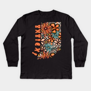 Indiana State Design | Artist Designed Illustration Featuring Indiana State Outline Filled With Retro Flowers with Retro Hand-Lettering Kids Long Sleeve T-Shirt